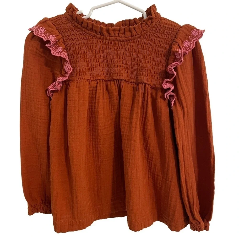 Cat & Jack Rust and Pink Ruffle Long Sleeve Smocked Chest Shirt Size S 6/6X